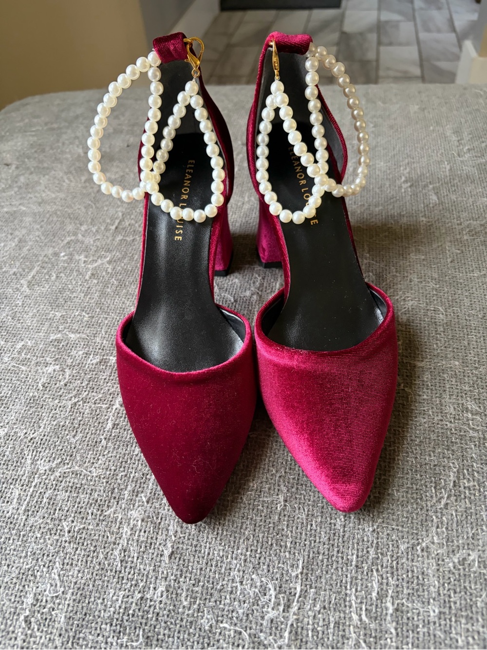 Eleanor Louise Burgundy Velvet Pearl-Ankle Pump
